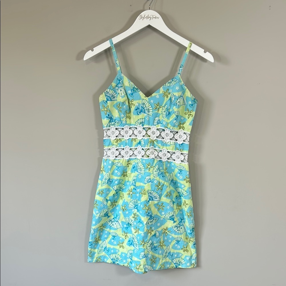 Lilly Pulitzer Peek A Boo Waist Spaghetti Strap Dress Blue Green Lace Sz 0